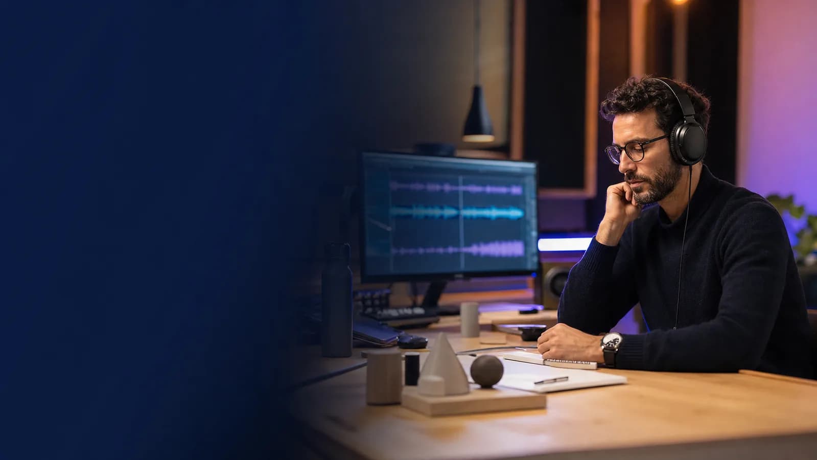 Fundador de startup escuchando una propuesta de audio logo