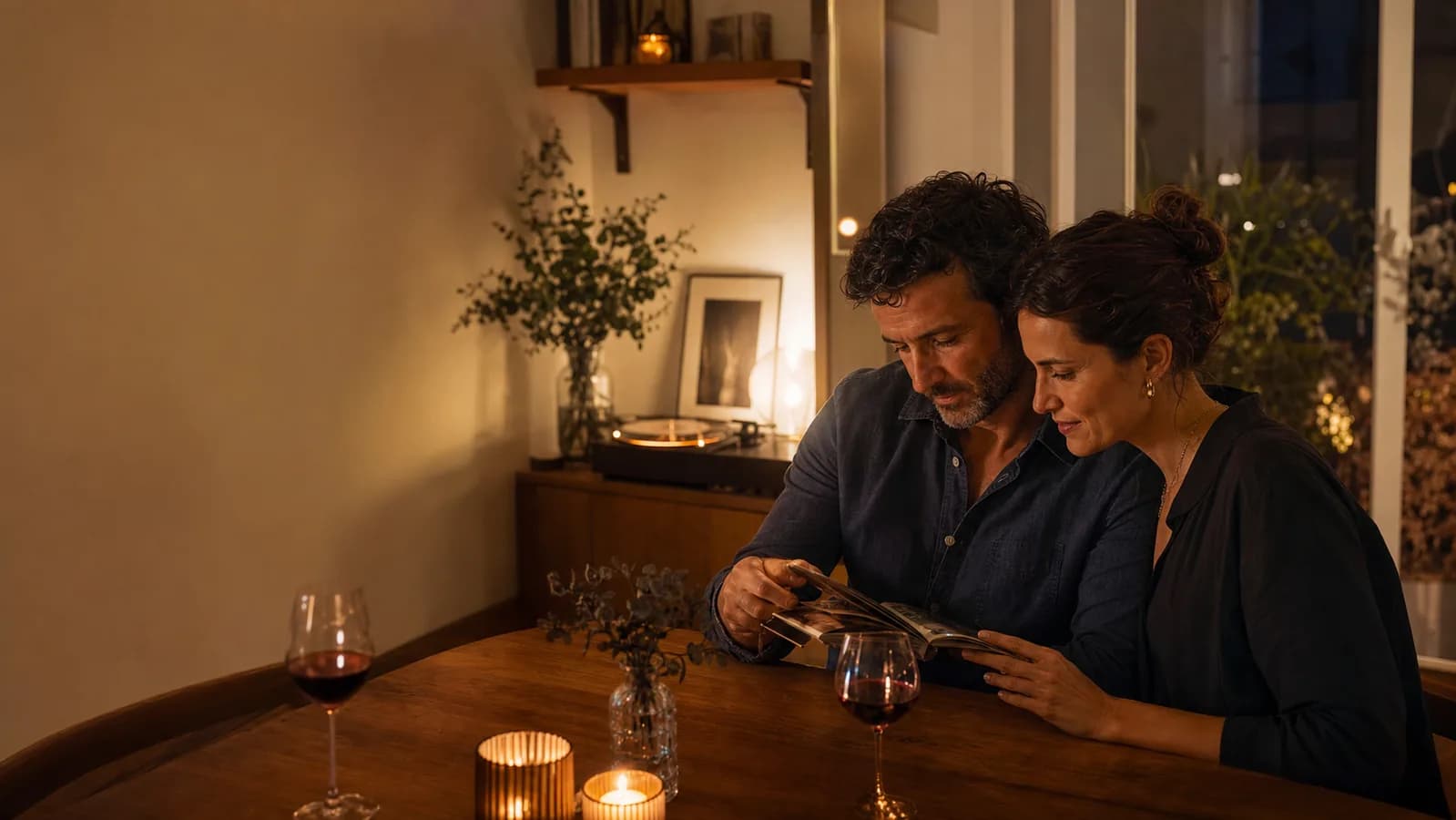 Pareja revisando recuerdos durante una cena de aniversario