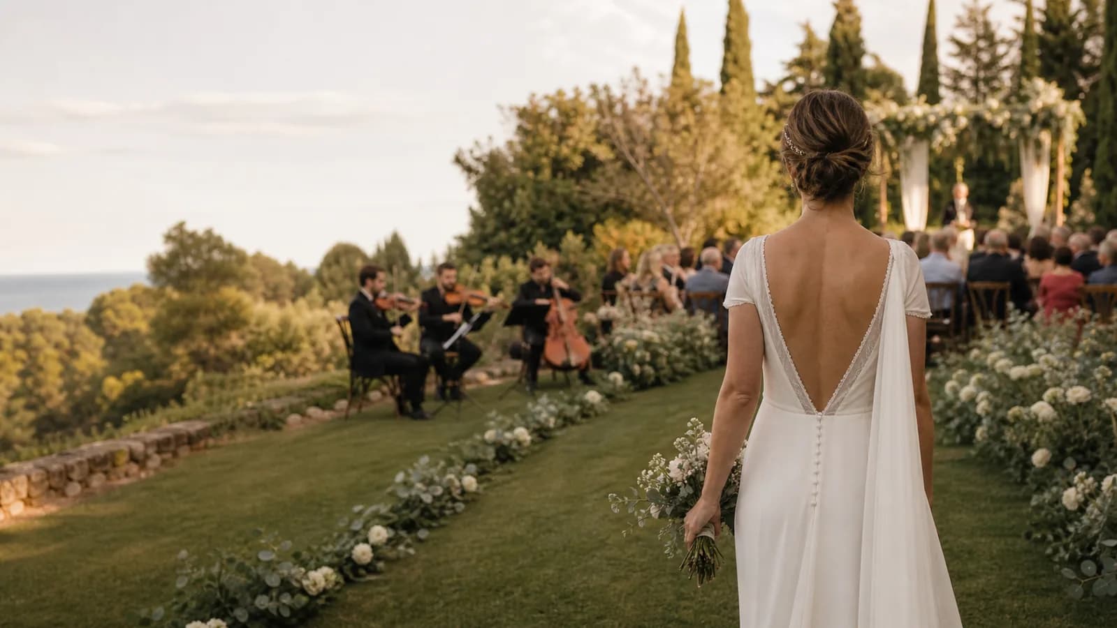 Novia a punto de entrar en una ceremonia de boda al aire libre con músicos de cuerda