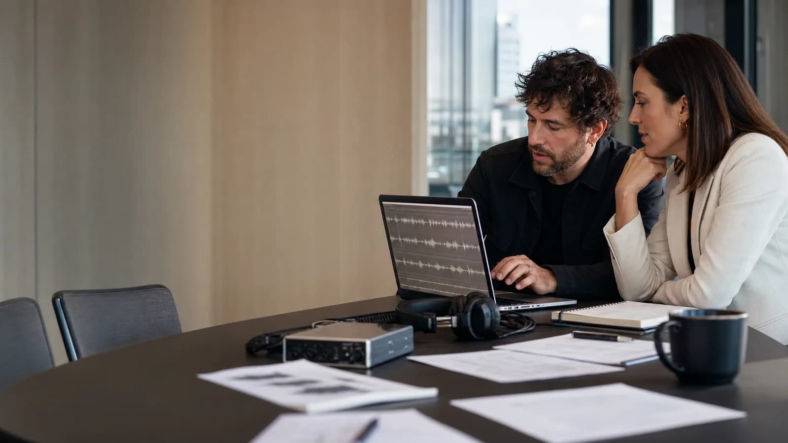 Equipo creativo revisando una licencia de música corporativa